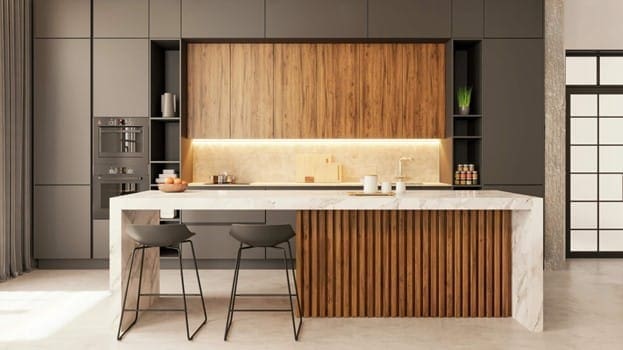 Modern kitchen with wood accents and island seating in a renovated Austin, TX