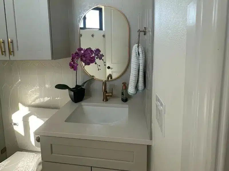 Modern bathroom vanity with round mirror, orchid, and white cabinetry in Austin, TX home<br />

